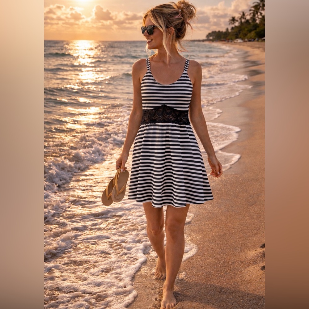 Charlotte Russe Island Daze Nautical Stripe Sundress w/ Built-In Bra ~ Size L